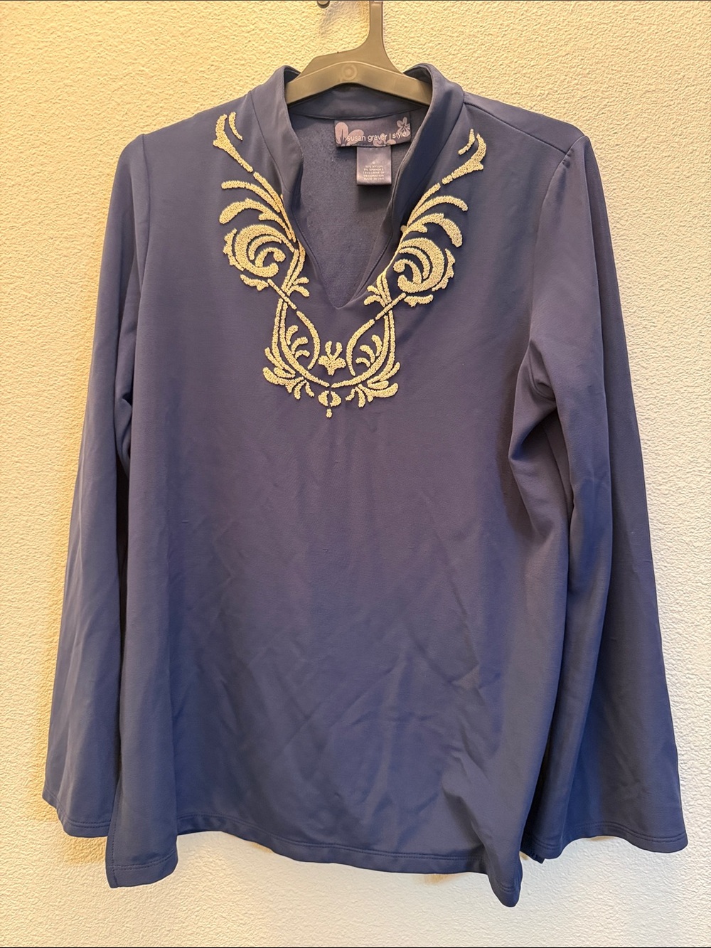 Susan Graver Blue Long Sleeve V-Neck Top with Cream Embroidery